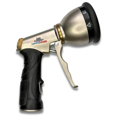Heavy Duty Metal Garden Hose Nozzle Featuring Nine Versatile Spray Patterns For Outdoor Yard Irrigation Rust Resistant Drip Free Design Fits Standard Hoses Like A Cinch Today side view showing silver alloy construction and rubber grip