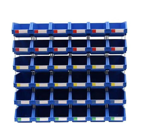 Front view of stacked Blue Heavy Duty Thermoplastic Storage Bin Organizer Built To Last, Stackable And Hangable With Side Connect, Ideal For Tools, Parts, Crafts And More, Compact 3.5 By 5.2 By 2.1 Inches, 2 Pack
