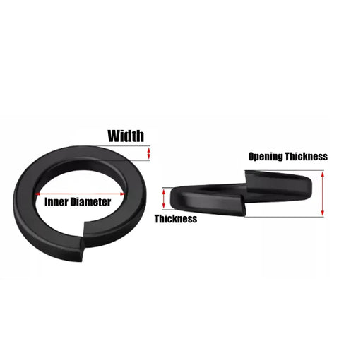 Black Slotted Stainless Steel Spring Lock Washers Anti Loosening Interlock Design Pro Grade dimensions showing width and thickness.