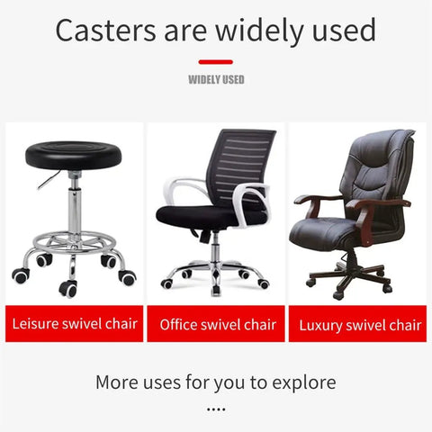 Universal Office Chair Casters Heavy Duty Rubber Wheels With Dead Silent Swivel Tread Zero Hassle Click Fit Design Smooth Operator Glide Rollers For Home Desk Setup shown with leisure, office, and luxury swivel chairs.