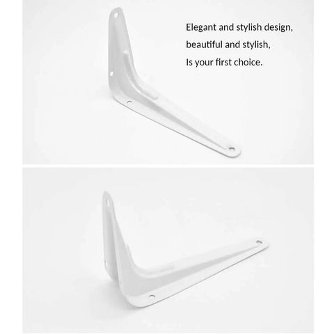 Rock Solid White Wall Mount Shelf Brackets Heavy Duty L Angle Furniture Supports rust resistant metal hardware shown from two angles.