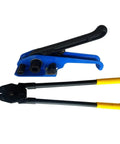 Heavy-Duty PET Strapping Machine Kit With Manual Tensioner And Sealer, blue hand tool for securing 13-19mm polyester straps.