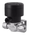 Stainless Steel Toggle Switch Valve With One Quarter Inch Sleeve Joint In White Heavy Duty Flow Control For Plumbing And Fluid Systems Pro Grade Build Easy Install Perfect For Home Shops And DIYers, black actuator view