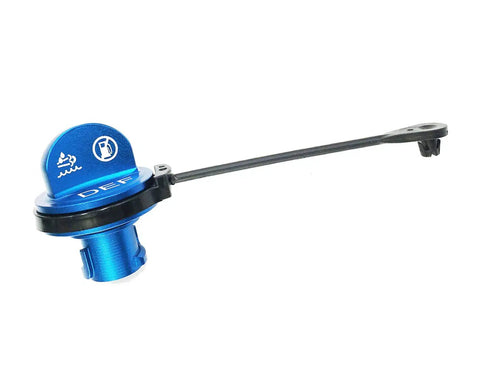 Dodge Ram 2019 To 2025 Green Aluminum Magnetic Diesel Fuel Cap With DEF Cap Magnetic Fuel Tank Cap With Built In Magnet Easy Install And Secure Seal For Diesel Filler blue DEF cap close-up view