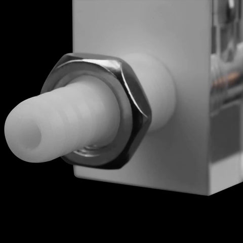 7 Flowmeter With 20 LPM Flow Rate And Handy Control Valve For Oxygen Air And Industrial Gas Measurement Transparent Acrylic Body With 8mm Hose Barb Safe Up To 0.6 MPa, 8mm hose barb close-up