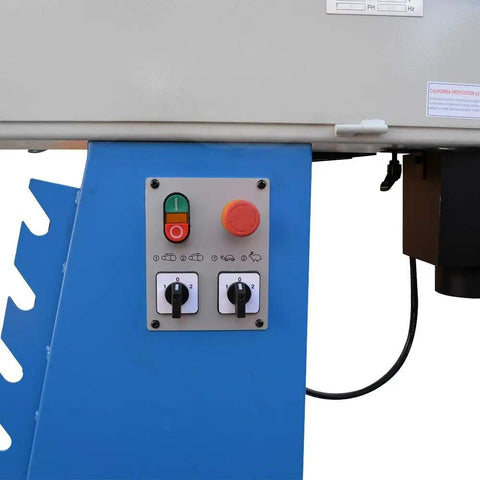 Control panel of Built Tough 3HP Industrial Tube Profile Belt Grinder And Sander with settings and emergency stop.