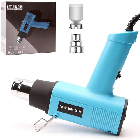 Blue Powerful 1200W Heat Gun With Dual Temperature Settings 60C To 500C Heats Up Fast To 932F Includes 2 Nozzles and packaging