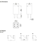 Technical diagram of Two Pack Ultra Mini ISO Automotive Relay 12V DC 20A 4 Pin Micro Size Built For Tight Spaces, showing dimensions and wiring.