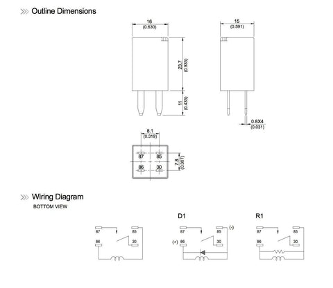 Technical diagram of Two Pack Ultra Mini ISO Automotive Relay 12V DC 20A 4 Pin Micro Size Built For Tight Spaces, showing dimensions and wiring.