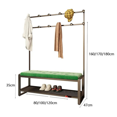 Straight Up Solid Four In One Coat Rack And Shoe Bench Storage Center With Heavy Duty Mdf Frame And Reinforced Hanging Rod, featuring a green sponge seat.