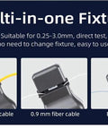 Multi-in-one fiber optic fixture with clamps for 2.0/3.0 mm jump cable, 0.9 mm fiber cable, and bare fiber.