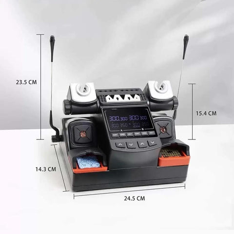 Dual Port Soldering Station 450W Two In One Rework System with digital display, two handles, dimensions visible.