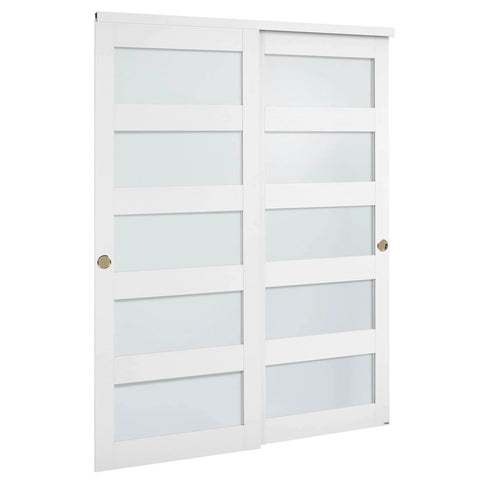 Space Saving Sliding Closet Doors Kit For 60 Inch Opening, 31 Inch Panels, 80 Inch High Frosted Glass 5 Lite Double Doors shown