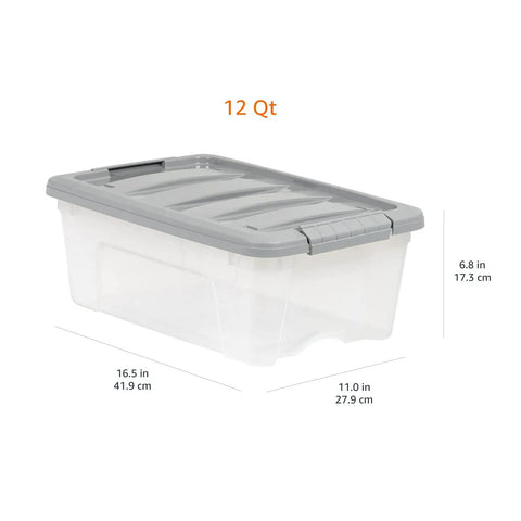 Heavy Duty Plastic Storage Containers With Secure Latching Lids Stackable Organization Bins Clear Grey Totes 12 Quart Gear Haulers Set Of 6 To Stack Em Up And Keep Your Spot Hella Organized During Move Days