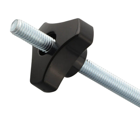 Four Pack M8 T Slot Bolts And Knobs Clamps With Plastic Handles For Woodworking Jigs Fixtures, Heavy Duty Workbench T Track Accessories Kit In Silver Black To Lock Your Project Down Smooth. Black plastic knob on M8 threaded bolt for T-track woodworking clamp.