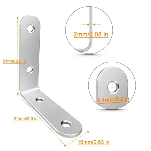 Close-up of 40 Pcs L Bracket Corner Brace Set Stainless Steel 2 Inch 50mm x 50mm Right Angle Shelf Brackets With Screws For Wood