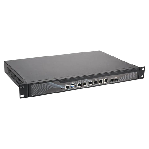 Next Level Firewall Mini Workstation With I7 Chipset And Dual 10G Fiber Ports Plus Six 2.5GbE Lan Cards For Unmatched Throughput and Badass Rack Mount Security Rig Barebones Routeros Ready For Your Setup, black rackmount design with multiple ports.