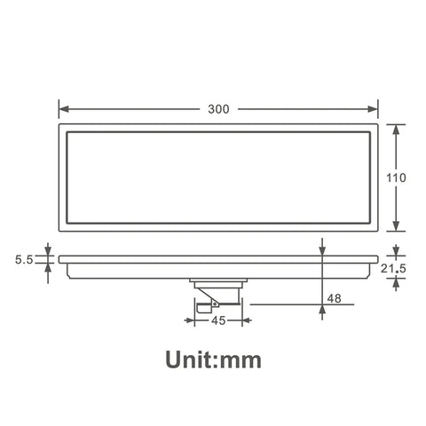 Top Shelf Game Changer 304 Stainless Steel Linear Floor Drain Rectangle Shower Tile Insert dimensions illustration
