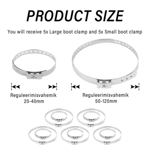 10 Pack CV Boot Clamps Kit With Stainless Steel Banding Tool, Adjustable Large 50 to 120mm And Small Clamps, shown in sizes
