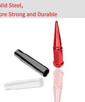 Red Spike Lug Nuts In Steel, 32 Count, M14X1.5, 60 Degree Conical Seat shown with socket key for wheel mounting