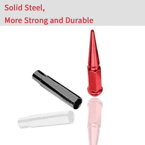 Red Spike Lug Nuts In Steel, 32 Count, M14X1.5, 60 Degree Conical Seat shown with socket key for wheel mounting