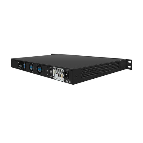 Top Shelf One U Rackmount Firewall Box Running Intel Core I7 9700 With Eight Gigabit Lan Ports And Dual 10G Uplinks Nailed Down For OPNSense Networks Rock Solid Performance Ready To Roll Out Barebone Model rear view showing ports and power supply.