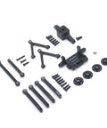 Premium Metal Adapter Tie Rod And Motor Base Servo Set For 4WD 128 Scale Rc Cars, black metal parts layout with screws and connectors.
