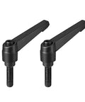 Two M8 25mm Adjustable Clamping Lever Handles with Push Button Quick Release and Locking Rotating Stud Knobs, heavy-duty steel, black.