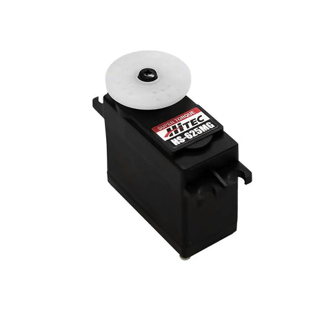 HS-625MG Heavy Duty Competition Servo compact black casing with round white gear on top angle view