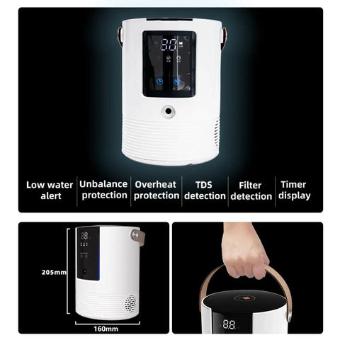 3-In-1 Hydrogen Inhalation Machine And Hydrogen Water Generator with display and handle, 99.996% ultra-pure output, portable use