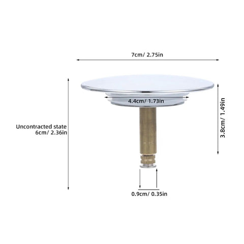 Copper Bathtub Drain Stopper with Rotary One Press Sealing shown with dimensions, featuring a high-grade copper finish for durability.