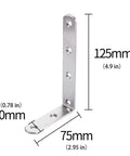 Premium Stainless Steel L Shaped Brackets Rock Solid Wall Shelf Support showing dimensions 125mm x 75mm x 20mm.