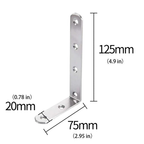 Premium Stainless Steel L Shaped Brackets Rock Solid Wall Shelf Support showing dimensions 125mm x 75mm x 20mm.