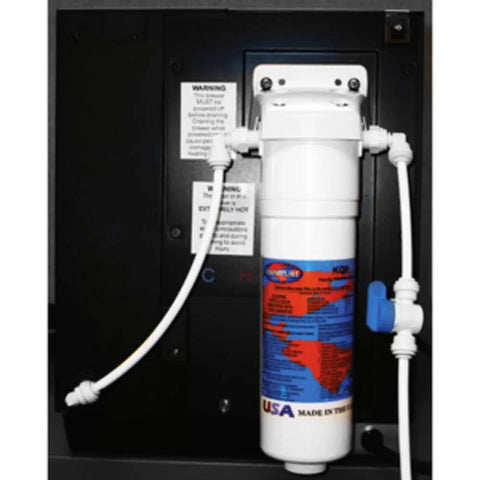Pro Grade Household Water Filter Kit With No Sweat Quick Connect Tubing and Corrosion Resistant Fittings installed behind a sink.
