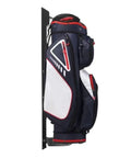 Side view of golf bag on Heavy Duty Wall Mount Golf Club Organizer Rack for Home and Garage, black metal hooks, 50kg capacity.