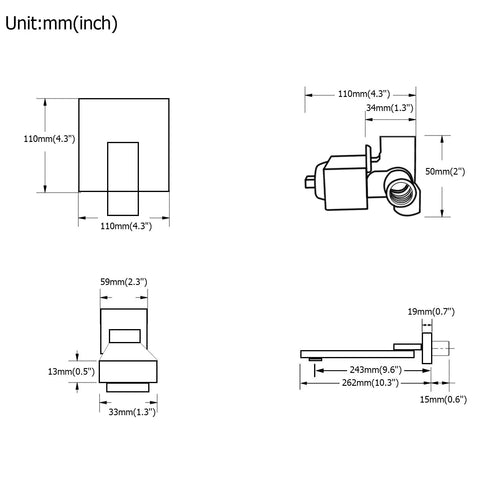 Technical drawing of Wall Mount Tub Faucet With Extra Long Spout Single Handle Tub Filler Valve Brass Rough In Matte Black Finish