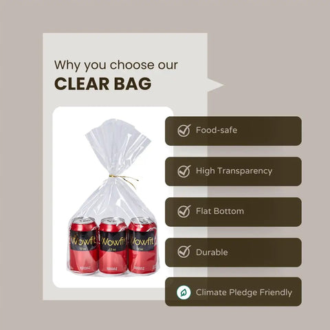 Clear Bottom Gusset Cellophane Gift Bags 10x14 Inches, 50 Count With 6 Inch Gold Twist Ties holding soda cans, features in boxes