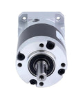 Front view of a gray planetary gearbox attached to a NEMA 17 stepper motor, silver output shaft