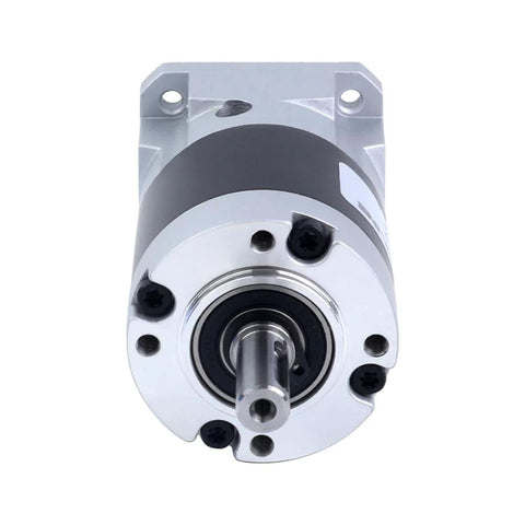 Front view of a gray planetary gearbox attached to a NEMA 17 stepper motor, silver output shaft