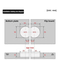 Diagram of installation slotting size for Concealed Flip Down Table Hinge Ninety And One Hundred Eighty Degrees Zinc Alloy.