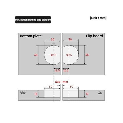 Diagram of installation slotting size for Concealed Flip Down Table Hinge Ninety And One Hundred Eighty Degrees Zinc Alloy.