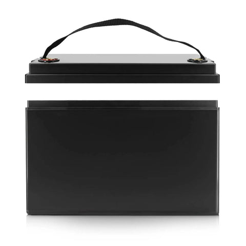 Built Tough 12V 100Ah Lithium Battery Case For LiFePO4 18650 26650 32700 Cells, showing secure handle and top view.