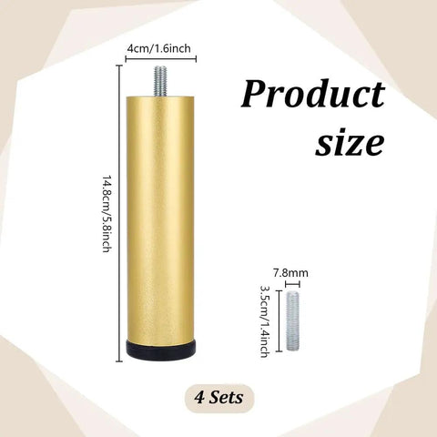Dope Gold Metal Furniture Legs For Quick No Sweat Setup Solid Bed Risers For Couches Tables And Desks 5.8 Inch shown with size details.