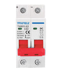 Front view of 2P 1000V 63A Solar DC Mini Circuit Breaker With Thermal Magnetic Trip, DIN Rail Mount DC Disconnect Switch.