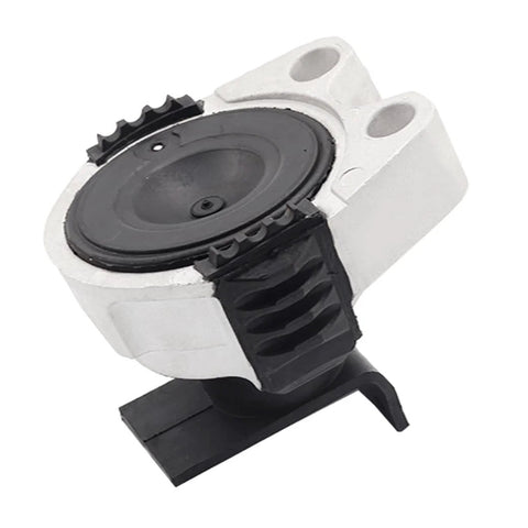 Front view of a mount from Engine And Transmission Mount Kit For 2010 2013 Mazda 3 2.0L Automatic Transmission Direct Fit Set Of 4 High Quality OE Replacement Mounts For Better Vibration Dampening And Smooth Power Transfer, black and silver color