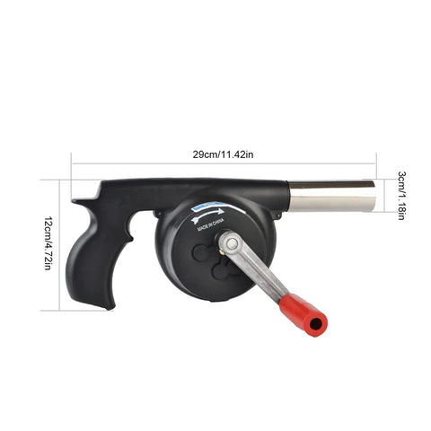 Hand Cranked Portable BBQ Fan and Campfire Bellows to Amp Up Yard Flames Fast With Durable Metal Body and Effortless Pump Design for Weekend Cookout Sessions, side view with dimensions