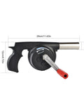 Portable Hand Crank BBQ Air Blower Manual Grill Fire Booster For Campfire and Backyard Grilling with black ABS shell.
