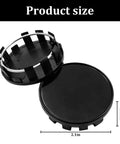 Solid 4 Pack Wheel Center Caps Black shown with size dimensions 2.1in outer diameter and 0.66in height, made of tough ABS plastic.