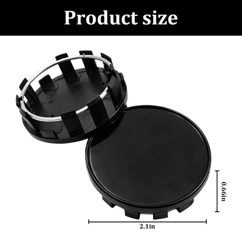 Solid 4 Pack Wheel Center Caps Black shown with size dimensions 2.1in outer diameter and 0.66in height, made of tough ABS plastic.