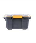 Heavy Duty IP68 Waterproof Plastic Storage Tote Featuring Tough As Nails Gasket Seal And Secure Latches Rugged Gray Bin front view with yellow latch.
